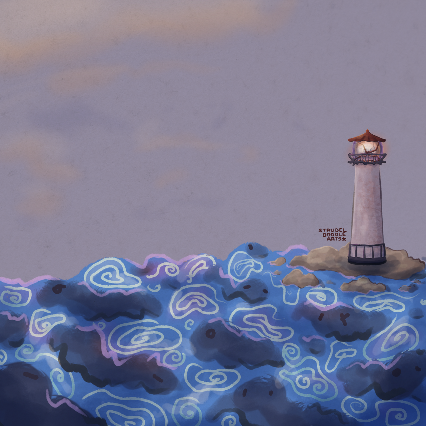 Small lighthouse to the right with a cloudy sunset backdrop. The ocean has swirly shapes and vague faces in its waves.