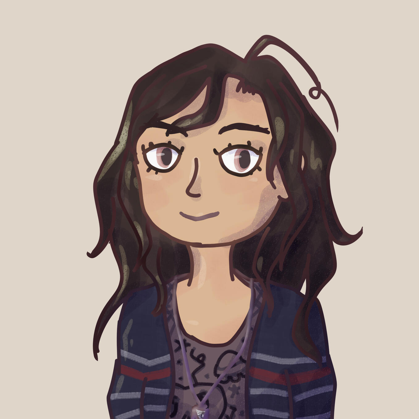 A doodley self-portrait of a wavy-haired Asian wearing pink contact lenses, a blue sweater with stripes, and a gray shirt.